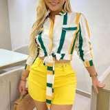 Women's Striped Digital Print Lace-Up Short Turndown Collar Shirt Shorts Two-Piece Set