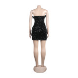 Sexy Feather Sequin Strapless Tight Fitting Slim Bodycon Dress