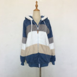 Autumn And Winter Warm Plush Patchwork Zipper Pocket Hooded Loose Coat For Women