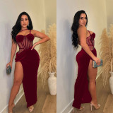 Fashion Women's Solid Color Mesh Straps Slit Long Dress