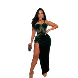 Fashion Women's Solid Color Mesh Straps Slit Long Dress