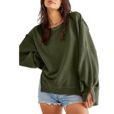 Women's Fall/Winter Oversized Round Neck Sweatshirt Side Slit Long Sleeve T-Shirt