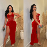Fashion Women's Solid Color Mesh Straps Slit Long Dress