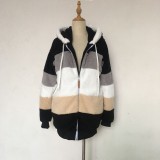 Autumn And Winter Warm Plush Patchwork Zipper Pocket Hooded Loose Coat For Women