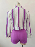 Women's Striped Digital Print Lace-Up Short Turndown Collar Shirt Shorts Two-Piece Set