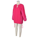 Autumn And Winter Women's Casual Loose Cotton Padded Patchwork Knitting Drawstring Sweater Dress