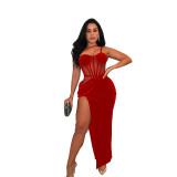 Fashion Women's Solid Color Mesh Straps Slit Long Dress