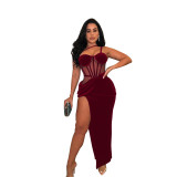 Fashion Women's Solid Color Mesh Straps Slit Long Dress
