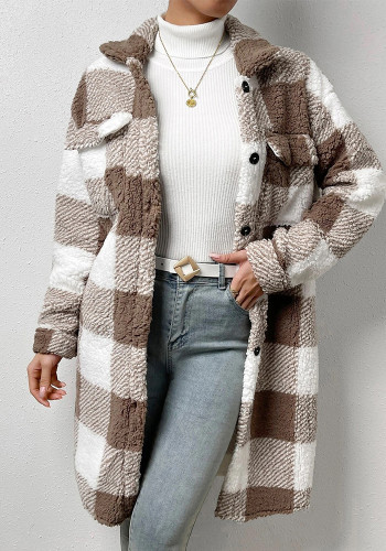 Autumn And Winter Open Button Turndown Collar Plush Plaid Coat Loose Chic Long Jeacket For Women