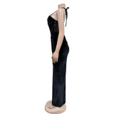 Fashion Women's Solid Color Mesh Straps Slit Long Dress