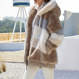 Autumn And Winter Warm Plush Patchwork Zipper Pocket Hooded Loose Coat For Women