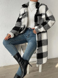 Autumn And Winter Open Button Turndown Collar Plush Plaid Coat Loose Chic Long Jeacket For Women