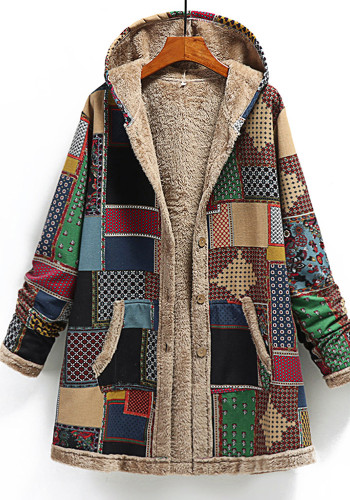 Winter Women's Printed Fleece Hooded Warm Jacket