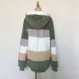Autumn And Winter Warm Plush Patchwork Zipper Pocket Hooded Loose Coat For Women