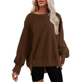 Women's Fall/Winter Oversized Round Neck Sweatshirt Side Slit Long Sleeve T-Shirt