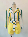 Women's Striped Digital Print Lace-Up Short Turndown Collar Shirt Shorts Two-Piece Set
