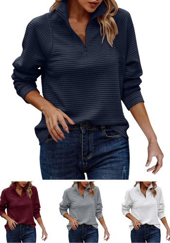 Autumn Comfortable Loose Solid Color Stand Collar Zipper Long Sleeve Patchwork Women's Top
