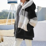 Autumn And Winter Warm Plush Patchwork Zipper Pocket Hooded Loose Coat For Women