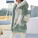 Autumn And Winter Warm Plush Patchwork Zipper Pocket Hooded Loose Coat For Women