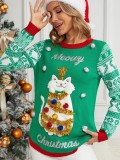 Autumn And Winter Jacquard Pullover Christmas Sweater Cartoon Kitten Embroidered Red Sweater