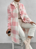 Autumn And Winter Open Button Turndown Collar Plush Plaid Coat Loose Chic Long Jeacket For Women