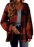 Women's Autumn And Winter Plaid Pockets Button Plush Jacket