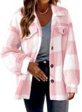 Women's Autumn And Winter Plaid Pockets Button Plush Jacket