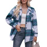 Women Casual Plaid Loose Pocket Shirt Jacket
