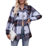 Women Casual Plaid Loose Pocket Shirt Jacket