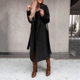 Women Solid Turndown Collar Long Sleeve Lace-Up Coat