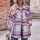 Women Casual Plaid Loose Pocket Shirt Jacket