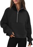 Women Autumn and Winter Sports Half-Zip Loose Stand Collar Velvet Top