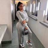 Women Casual Beading Round Neck Long Sleeve Top and Pant Two-piece Set