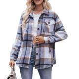 Women Casual Plaid Loose Pocket Shirt Jacket