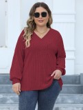 Plus Size Women Ribbed V-Neck Crossover Basic T-Shirt