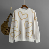 Women Round Neck Heart Print Contrast Sweater