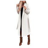 Women Solid Turndown Collar Long Sleeve Lace-Up Coat