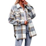 Women Casual Plaid Loose Pocket Shirt Jacket
