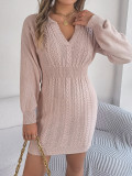 Women V-Neck Balloon Sleeve Bodycon Sweater Dress