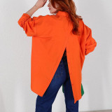 Women Solid Style Long Sleeve Back Slit Loose Shirt