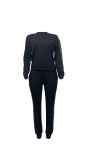 Women Casual Beading Round Neck Long Sleeve Top and Pant Two-piece Set