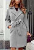 Women Belt Turndown Collar Coat