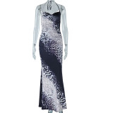 Women Off Shoulder Snake Print Strap Maxi Dress