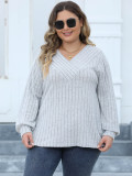 Plus Size Women Ribbed V-Neck Crossover Basic T-Shirt
