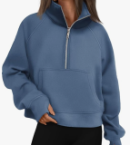 Women Autumn and Winter Sports Half-Zip Loose Stand Collar Velvet Top