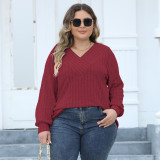 Plus Size Women Ribbed V-Neck Crossover Basic T-Shirt