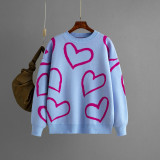 Women Round Neck Heart Print Contrast Sweater