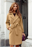 Women Belt Turndown Collar Coat