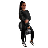 Women Casual Beading Round Neck Long Sleeve Top and Pant Two-piece Set