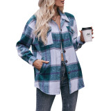 Women Casual Plaid Loose Pocket Shirt Jacket